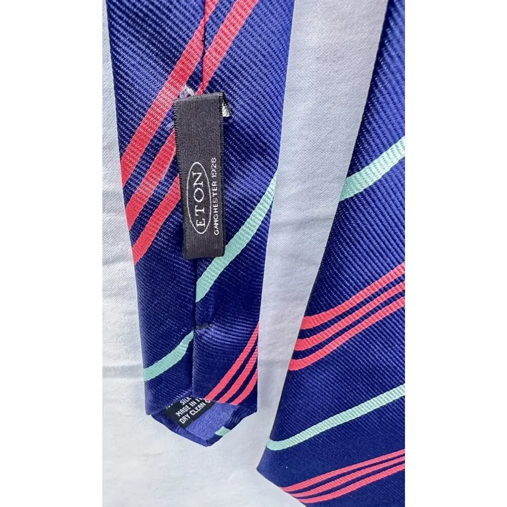 ETON-Blue Check Woven Silk, Mens Self.Tie Designer Dress Tie Preowned